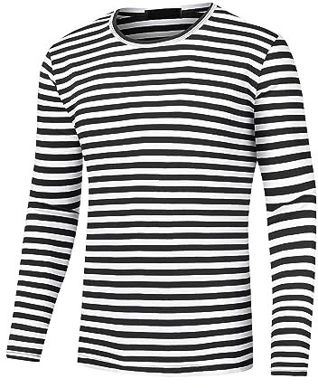 Lars Amadeus Striped T-Shirt for Men's Casual Crew Neck Long Sleeves Basic Pullover Tee Tops Black White XL