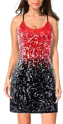 MANER Glitzer-Pailletten-Kleid für Damen mit verstellbaren Spaghettiträger – Funkelnde-Partykleider, Rot/Schwarz, Groß