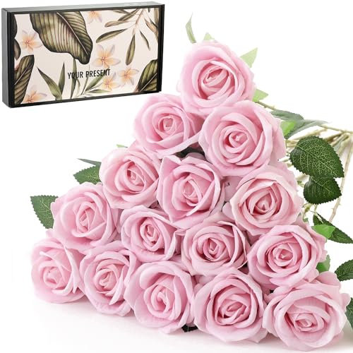 Cloudecor 15Pcs Small Fake Roses Velet Roses Long Stem Artificial Flowers Silk Flowers for Home Wedding Decoration (Pearl Roses,Pink)