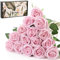 Cloudecor 15Pcs Small Fake Roses Velet Roses Long Stem Artificial Flowers Silk Flowers for Home Wedding Decoration (Pearl Roses,Pink)