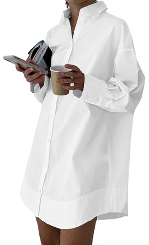 LYANER Women's Casual Shirt Dress Collar V Neck Button Down Loose Long Sleeve Mini Dresses White Medium
