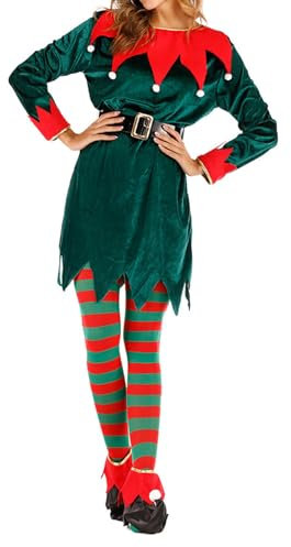 HodJIU Weihnachtswichtel-Kostüm für Damen, Elfenkostüm, Erwachsene, Set Kleid rot grün + Gürtel + Hut + Schuhe, Partykleidung (grün, 5 Stück, Kleid, Gürtel, Hut, Strumpfhose, Schuh,L)