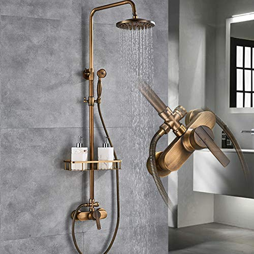 Robinet de douche antique - Douche à effet pluie - Robinet de douche en laiton - Douchette rétro - Système de douche rond - Douchette à main avec barre de douche - Montage mural - Pommeau de douche -