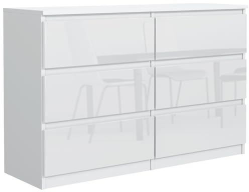 MebLocker Commode à 6 tiroirs, 140 cm, idéale pour Le Salon, la Chambre à Coucher, la Chambre d'enfant, la Chambre d'adolescent et Le Bureau, Solution Moderne pour Un Rangement (Blanc Brillant)
