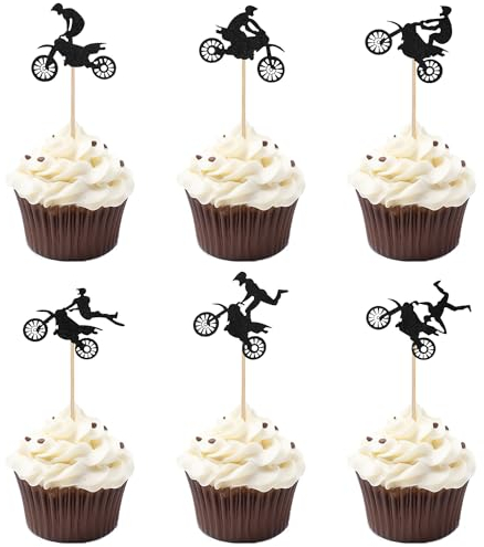 24pcs Motorcycle Cupcake Toppers, Black Glitter Dirt Bike Cake Topper Motorbike Cupcake Picks Party Cake Decorations for Sports Motocross Themed Birthday Party Cake Decorations Supplies