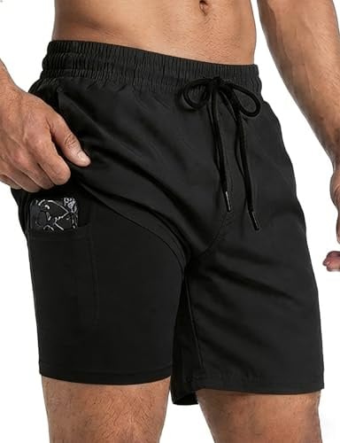 Buauty 2 in 1 Mens Swim Trunks with Compression Liner 5 Inch Inseam Quick Dry Swim Shorts Men Bathing Suit Swimsuit Beach Swimming Board Shorts with Pockets Men's Swimwear Surf Outfit Black