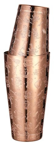 Weighted Boston Shaker Cocktail Shaker Etched with Tiki Imagery (Copper Tiki Graphic)