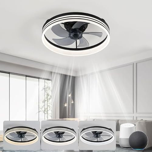 KeLuKes 50cm Lampara Ventilador Techo Redondo Silencioso, Ventilador Techo con Luz Compatible con Alexa y Google Assistant, Motor Dc, Temporizador, Regulable Negro Ventilador para Dormitorio