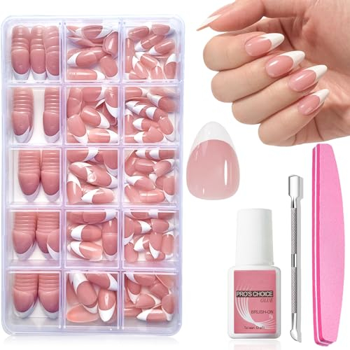 French Tip False Nails - Short Almond Nail Tips for Gel Extensions -15Size Fake Nails French Tip Nude Color Glossy Full Cover Press on Nails Fake Nails for Nail Art DIY 240Pcs