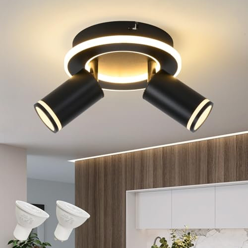 Deckenleuchte 2 Flammig LED,Schwenkbar 350° Rund Deckenstrahler,Deckenlampe mit unteres Glühen 15W+2x5W GU10 Spots,Modern Deckenspot Strahler 3000K Warmweiß,Spotlight Lampe für Wohnzimmer,Schwarz