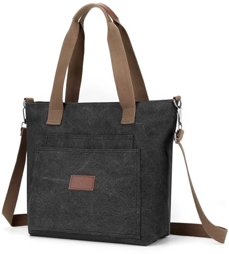 zhongningyifeng Damen Canvas Tote A4 Handtasche mit Reißverschluss Umhängetasche für Einkaufen Reisen Arbeit (black)