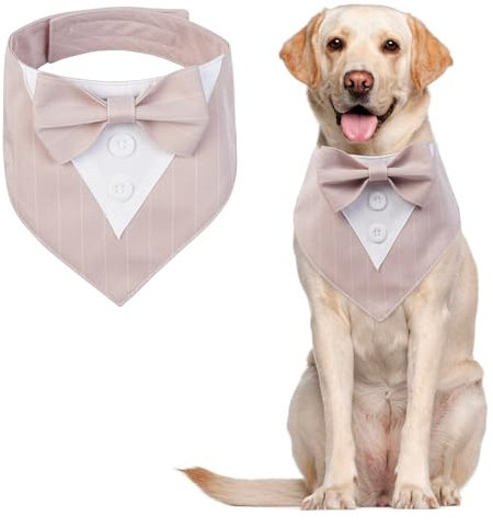 MHaustlie Dog Bandana Dog Formal Tuxedo Bandana Dog Wedding Bandana Adjustable Dog Neckerchief with Bow Tie Formal Tux Dog Bandana Dog Bowtie Bandana for Small Medium Large Dogs (L, Pinkstripe)