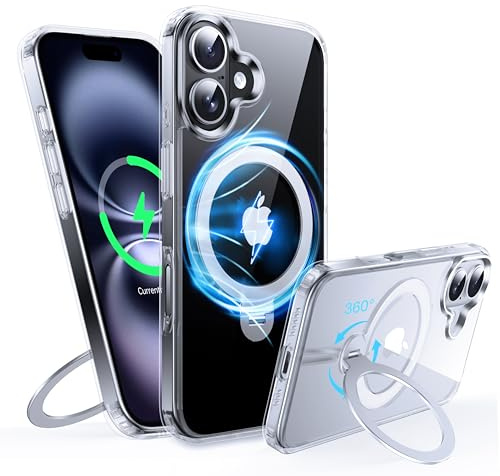FNDMIL 360°Drehbarer Magnetisch für iPhone 16 Plus Hülle mit MagSafe | [Rutschfester Textur][Unsichtbarer Ständer][Militär Schutz] Transparente Hartschale für iPhone 16 Plus Case Dünn,Klar