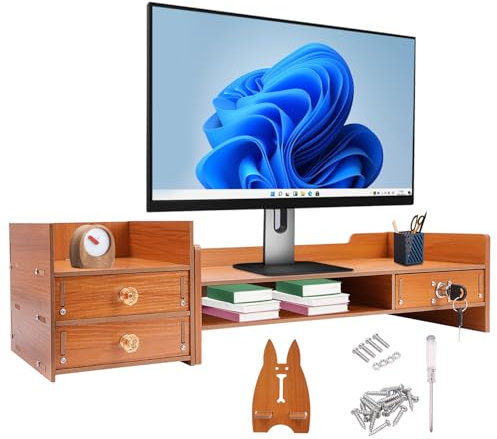 DHQCQL Soporte para monitor de madera con 3 cajones, 2 llaves y soporte para teléfono móvil, soporte para pantalla de escritorio, soporte de pantalla para PC/ordenador portátil/TV, 48 x 20 x 13,5 cm