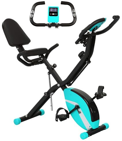SPORTNOW Bicicleta Estática Plegable con Respaldo Bici Estática Silenciosa con 8 Niveles de Resistencia Magnética Sillín Regulable Volante Pantalla LCD Pulsómetro y Banda Carga 110 kg Verde