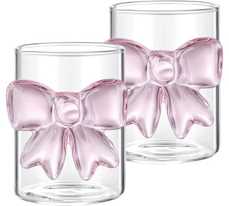 2 Pcs Bow Glass Cup, Clear Crystal Glass Cup with 3D Pink Bow, 10.2 Oz Capacity for Milk, Coffee, Juice and Other Beverages