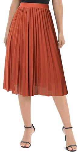 Genfien Damkjolar elegant chiffong elastisk midja A-linje veckad knälång midikjol med foder sommar bas, Orange, M