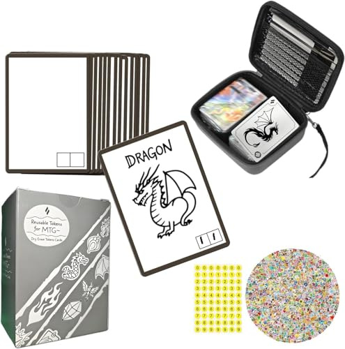 100 Pcs Reusable Dry Erase Cards for MTG Tokens with Markers & Random Stickers & Random Hard-Shell Card Case for MTG, PTCG and Other TCGs , Dragon Theme Proxy DIY Blank Cards for Games Accessories.