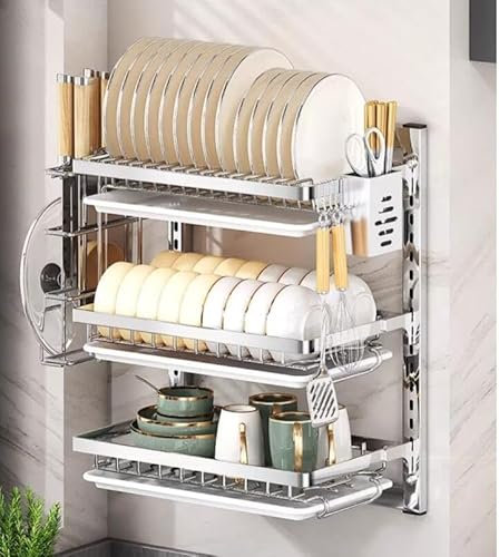 Wall Mounted Dish Rack with Removable Drip Tray Stainless Steel Hanging Foldable in Cup Holder Bowl Shelves Kitchen Dish Drainer Hanging