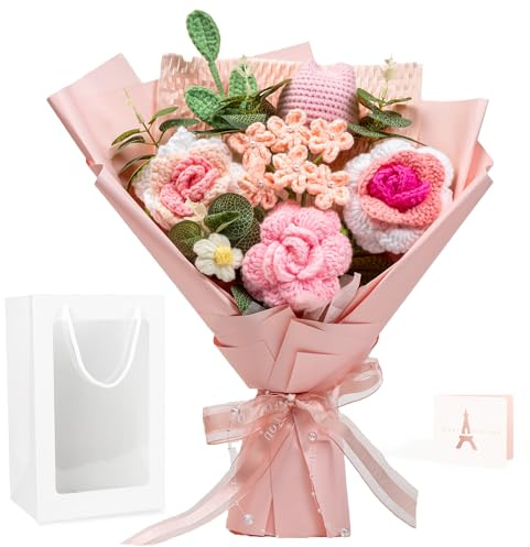 Crochet Flower Bouquet Pink Crochet Flowers, Ovis ammon Hand Knitted Flowers Rose for Graduation Gift, Teacher's Day Weddings Birthdays Mother's Day Include Gift Box Bag (with Card)