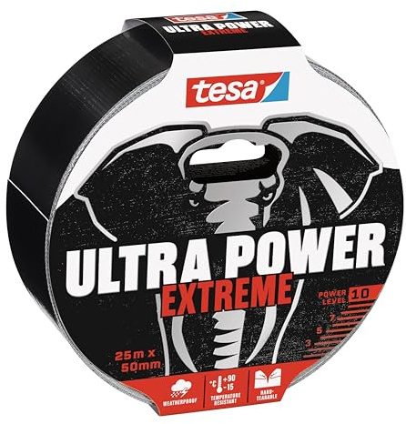 tesa Ultra Power Extreme Repairing Tape – Reparaturband mit extra starkem Halt auch auf rauen Oberflächen – wetterbeständig und handeinreißbar (Extreme, 25m:50mm)