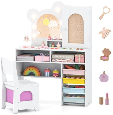 FANTASK Schminktisch Set in Bärform, Kinderschminktisch mit Beleuchtung, Spiegel, Schrank, 5 Schubladen & Fächern, Kosmetiktisch aus Holz Set für Mädchen ab 3 Jahren (Weiß)
