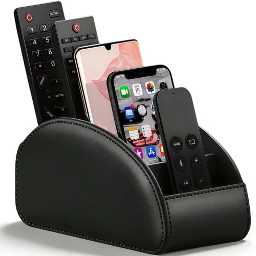 Tel Charme * PU Leather Remote Control Holder with 5 Compartments – Desktop Storage Caddy for TV Remotes, Heater Controllers, Office Supplies & Makeup Brushes, Black Organizer Box