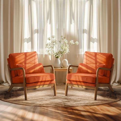 Bonnlo Sessel Gepolsterter Cocktailsessel, Moderner loungesessel, Ohrensessel für Wohnzimmer, Polsterstuhl mit Massivholz, Lesesessel, bis 200 kg belastbar, Cord-Stoff (Orange×2)