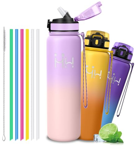 Termo 1 litro- Botella Termica- Botella Agua- Termo con Pajita | Botella Termica con 6 Pajita, A Prueba de Fugas, Cantimplora Gym, Mantiene 24H Frio/12H Calor, para Deportes, Camping, Gym