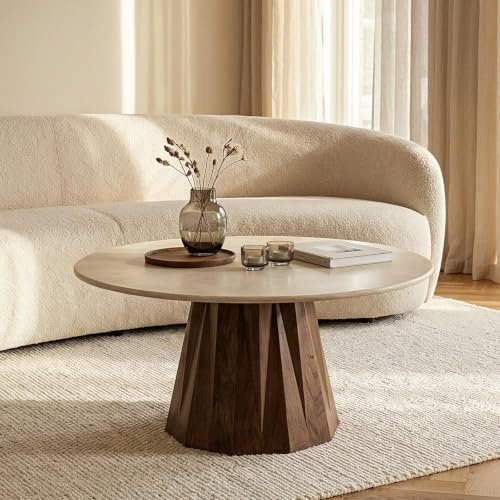 IDIMEX Couchtisch Mulan rund 90 cm mit Marmorplatte, Braun/Beige - Wohnzimmertisch aus massivem Mangoholz, Coffee Table mit Botticino Marmorplatte in Travertin Optik, natürliche Maserungen
