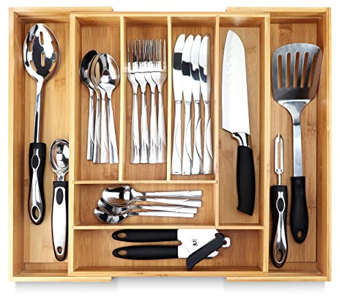 Pristine Bamboo Plateau d'argenterie pour organisateur de tiroir, organisateur de tiroir de cuisine, organisateur de couverts dans tiroir, support de couverts, séparateurs en bois extensibles et