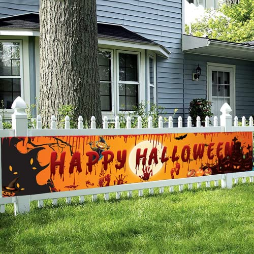 Großes Happy Halloween Banner Outdoor Yard Sign Banner Dekorationszubehör für Wand Zaun Girlande Outdoor Scary Bloody Halloween Party Thema