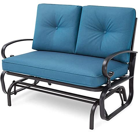 Incbruce Outdoor Swing Glider Rocking Chair Patio Bench For 2 Person, Garden Loveseat Seating Patio Wrought Iron Chair Set W/Cushion, Peacock Blue