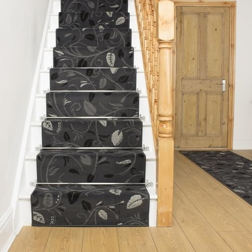 Soft & Comfortable Stair Runner - Smooth & Durable Carpet for Stairs - Stain-Resistant, Fade-Resistant - Multiple Sizes - 60cm x 570cm - 9mm Thick - Scroll, Grey