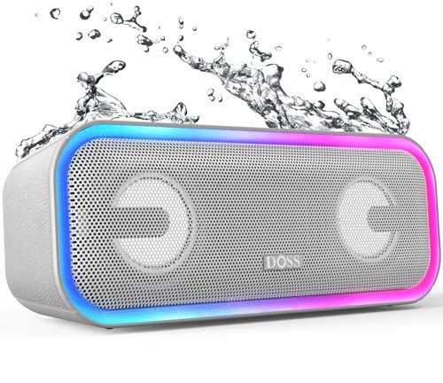 DOSS Bluetooth Speaker, SoundBox Pro+ Wireless Pairing Speaker with 24W Stereo Sound, Punchy Bass, IPX6 Waterproof, 15Hrs Playtime, Multi-Colors Lights, for Home,Outdoor-Grey
