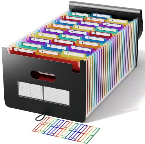 Akkordeon-Aktenordner mit 26 Fächern, A4, Buchstabengröße, erweiterbare Füllbox/Kunststoff-Akkordeon-Dokumente, Papier, Gutscheine, Rechnungen, 3 Alphabet-Trennblätter, farbige Tabs von A-Z