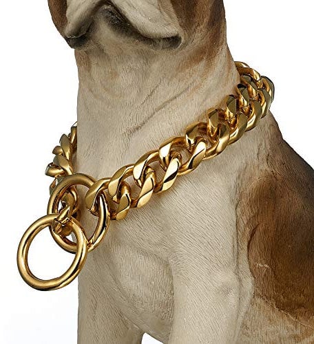 Heavy Duty Choke Cuban Chain Dog Collar for Large Dogs - 19 mm Extra Wide, Strong Steel Metal Links for Big Breeds - Rottweiler, Pitbull, Mastiff, Cane Corso, Doberman, Great Dane,Gold,20inch/51cm