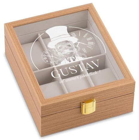 Maverton Uhrenbox mit Gravur für 6 Uhren, Jewelkeeper Hellbraun | Uhrenschachtel, 20x16,5x8cm, Uhrenaufbewahrungsbox aus Holz, personalisiert, Geschenk zum Geburtstag für Männer