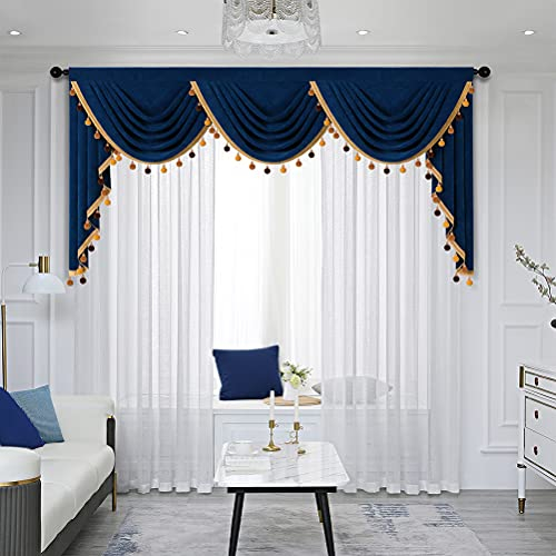 ELKCA Doppelseitiger Samt-Querbehang mit Wasserfall-Volant für das Wohnzimmer und Schlafzimmer, mit goldfarbenen, bunten Pompon-Quasten, 200 cm, 1 Panel.