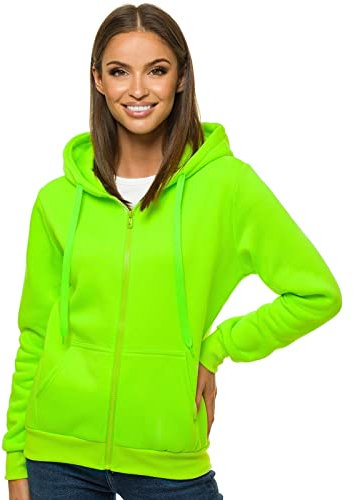 OZONEE Damen Kapuzenpullover Sweatjacke Sweatshirt Farbvarianten Kapuzenjacke Kapuzenpulli Langarm Kapuze Hoodie Sport Style Casual Fitness Basic Training 777/2106B GRÜN-NEON S