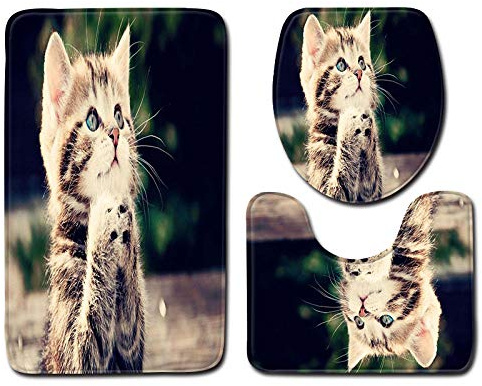 Badvorleger mit süßem Katzen-Motiv, 3-teiliges Set, rutschfest, wasserabsorbierend, U-förmig, WC-Vorleger, maschinenwaschbar, Badezimmermatte für Badezimmer, Schlafzimmer, Küche, 45 x 75 cm