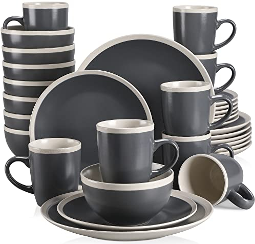 vancasso SEESAMI Stoneware Dinner Set- Matte Sesame Glaze Crockery - 32 Pieces Dinnerware Tableware Service Set for 8, Include Dinner Plate, Dessert Plate, Cereal Bowl and Mug. Dark Grey