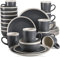 vancasso SEESAMI Stoneware Dinner Set- Matte Sesame Glaze Crockery - 32 Pieces Dinnerware Tableware Service Set for 8, Include Dinner Plate, Dessert Plate, Cereal Bowl and Mug. Dark Grey