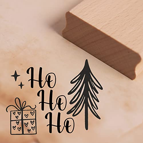 Dekolando Stempel Ho ho ho - Tanne Geschenk Herzen - Weihnachten Motivstempel Holzstempel Weihnachtsstempel modern - Abdruck 48 x 41 mm