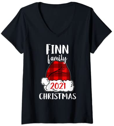 Damen Weihnachten 2021 Finn passender Pyjama, Weihnachtsmann-Mütze T-Shirt mit V-Ausschnitt