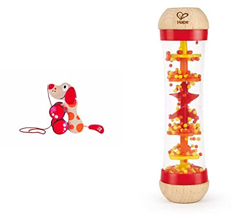 Hape Juego de Arrastre (E0347) + Palo de Lluvia, Mini Juguete Musical de Madera Palo de Lluvia y Sonajero, Rojo