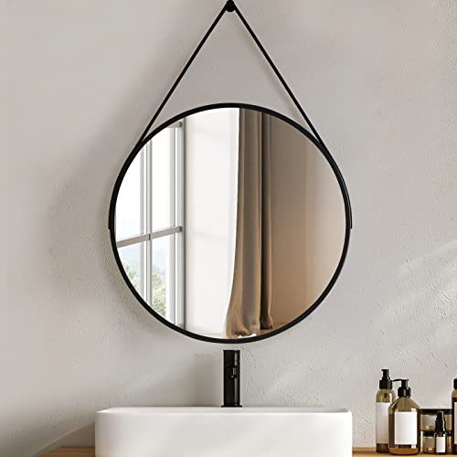 Heilmetz Spiegel Rund Schwarz Φ80cm, Runder Spiegel mit Metall Rahmen, Abnehmbar Band, Wandspiegel für Badezimmer, Schlafzimmer, Wohnzimmer, Eingang Wanddekoration