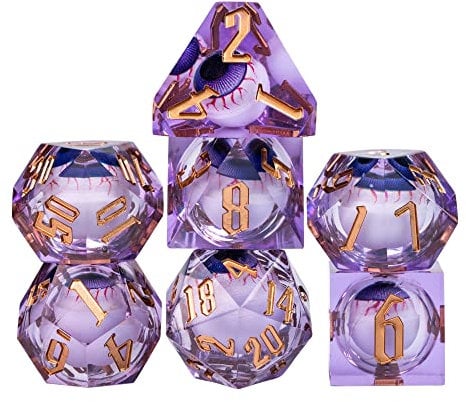 Cusdie Sharp Edges - Dados DND, dados de núcleo líquido de ojos espiados, 7 piezas D&D hechos a mano, juego de dados poliédricos para juegos de rol (globo ocular morado)