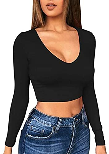 TOEECY Women's Long Sleeve Crop Tops Sexy Deep V Neck T Shirts Casual Bodycon Short Basic Tops Slim Fit Crop Top Tee Solid Tight Pullover (Black,S)