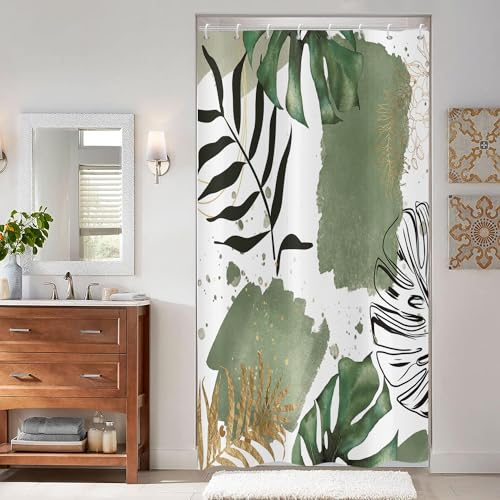ASDCXZ Boho Blätter Duschvorhang 120x180 cm, Moderne Abstrakt Kunst Grün Schwarz Gold Palm Blätter Bad Waschbar Duschvorhang Polyester Textil Wasserdicht Duschvorhänge für Badewanne mit 8 Haken